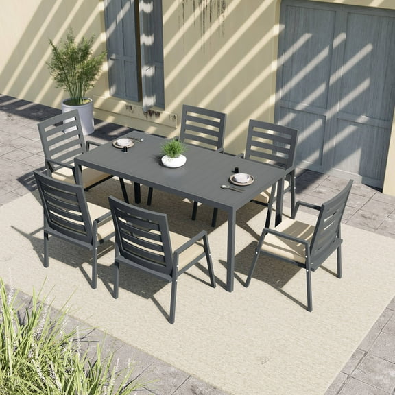 LeisureMod 7-Piece Dining Set with Rectangular Extendable Dining Table and 6 Patio Arm Chairs in Aluminum with Slatted Design and Removable Cushions Seats 6 Person for Home, Patio, Chelsea Collection