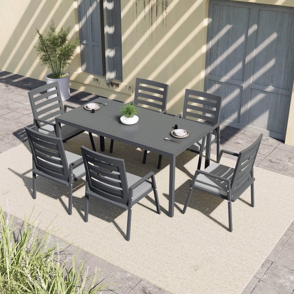 LeisureMod 7-Piece Dining Set with Rectangular Extendable Dining Table and 6 Patio Arm Chairs in Aluminum with Slatted Design and Removable Cushions Seats 6 Person for Home, Patio, Chelsea Collection