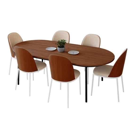LeisureMod Tule 7-Piece Dining Set in White Steel Frame with 6 Upholstered Seat Dining Chairs and 71" Oval Dining Table with MDF Tabletop-Color:White Walnut Light Brown