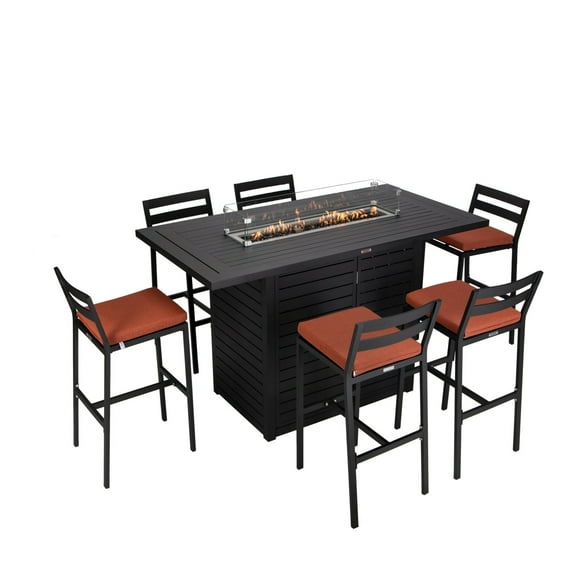 LeisureMod 7-Piece Patio Dining Bar Set Aluminum Rectangular Fire Pit Table with Tank Holder and 6 Barstool with Removable Cushions for Modern Home, Backyard, Garden Chelsea Collection in Orange
