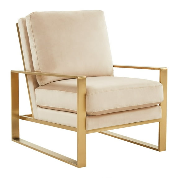 LeisureMod Accent Arm Chair Upholstered in Velvet with Brushed Gold Stainless Steel Frame and Removable Cushions Jefferson Collection in Beige