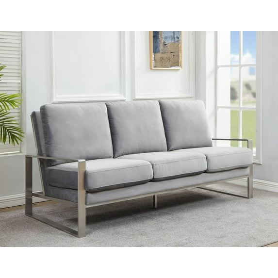 LeisureMod Accent Arm Chair Upholstered in Velvet with Brushed Silver Stainless Steel Frame and Removable Cushions Jefferson Collection in Light Grey