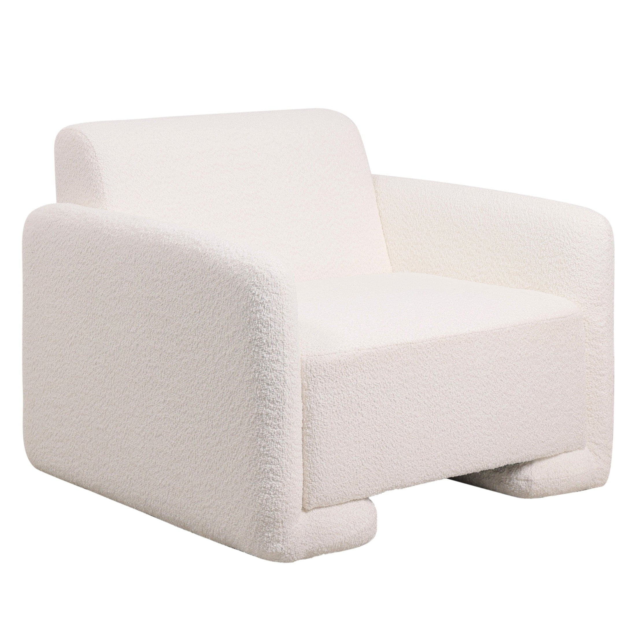 White Boucle Barrel Accent Chair with Pine Wood Base