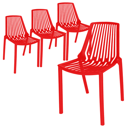 LeisureMod Acken Mid-Century Modern Plastic Dining Chair, Stackable Accent Side Chair for Kitchen and Dining Room, Set of 4 (Red)