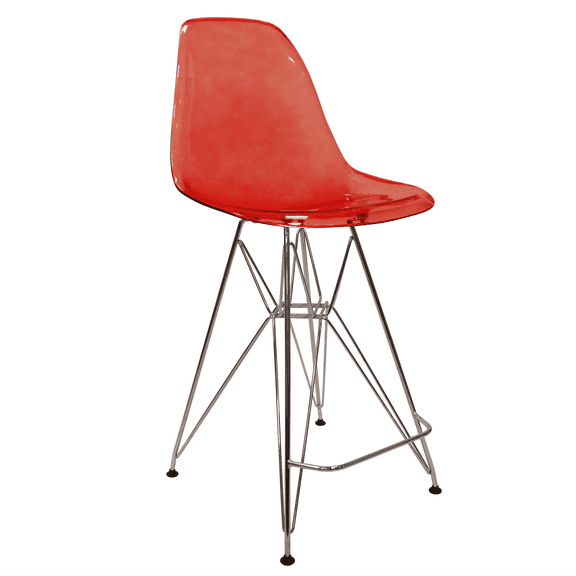 LeisureMod Acrylic Barstool with Stainless Steel Eiffel Base and Footrest in Chrome Finish for Modern Home, Kitchen, Cafes Cresco Collection, Transparent Red