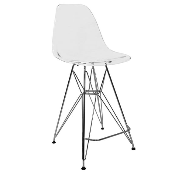 LeisureMod Acrylic Barstool with Stainless Steel Eiffel Base and Footrest in Chrome Finish for Modern Home, Kitchen, Cafes Cresco Collection, Clear