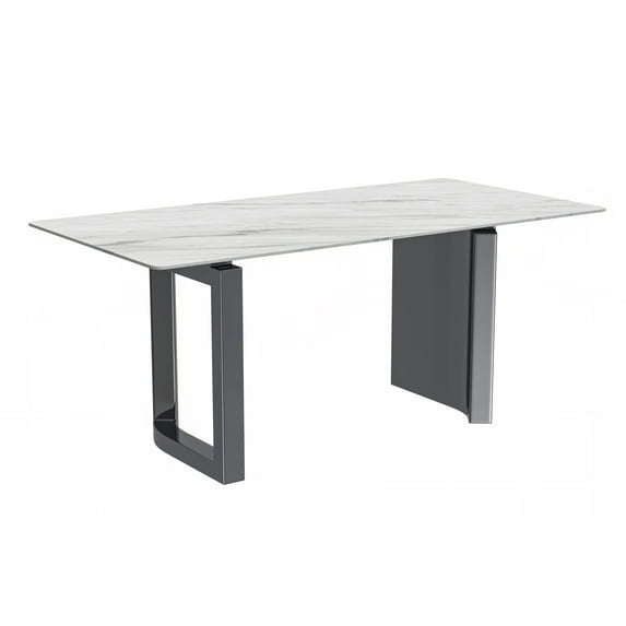 LeisureMod Astra Series Modern Rectangular 55” Dining Table with Sintered Stone Wide Top and Stainless-Steel Base in White