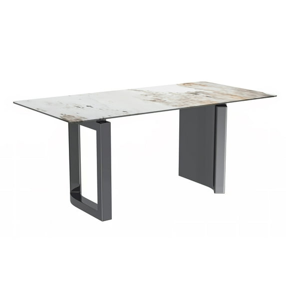LeisureMod Astra Series Modern Rectangular 62” Dining Table with Sintered Stone Wide Top and Stainless-Steel Base in White Grey