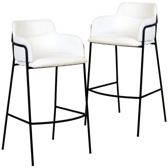 LeisureMod Axis Modern Bar Stool – Upholstered Bar Height Chairs with Footrest and Black Stainless Steel Base for Kitchen Island, Pub, or Home Bar Set of 2