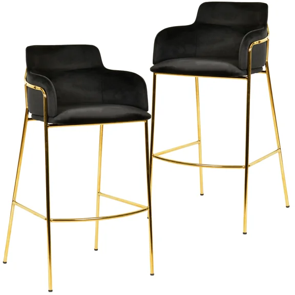 LeisureMod Axis Modern Bar Stool – Upholstered Bar Height Chairs with Footrest and Gold Stainless Steel Base for Kitchen Island, Pub, or Home Bar Set of 2