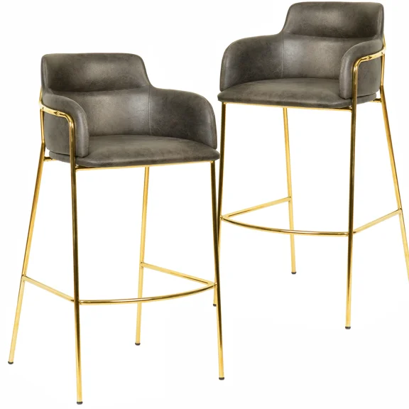 LeisureMod Axis Modern Bar Stool – Upholstered Bar Height Chairs with Footrest and Gold Stainless Steel Base for Kitchen Island, Pub, or Home Bar Set of 2