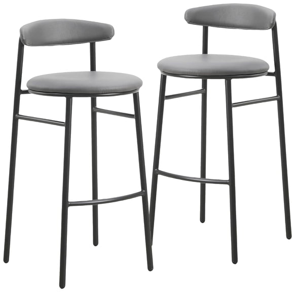 LeisureMod Bar Stool Upholstered in Leather Contemporary Accent Kitchen Counter Stool for Dining Room Kitchen, and Pub Lume Collection Set of 2 in Charcoal