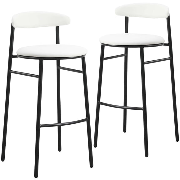 LeisureMod Bar Stool Upholstered in Leather Contemporary Accent Kitchen Counter Stool for Dining Room Kitchen, and Pub Lume Collection Set of 2 in White