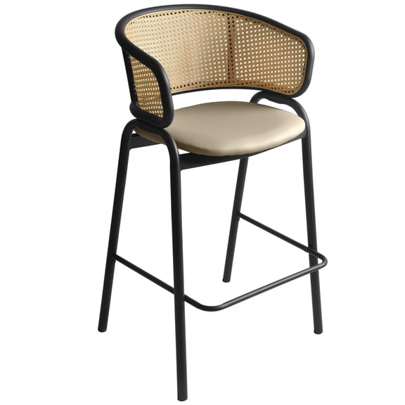 LeisureMod Bar Stool Upholstered in Leather with Powder-Coated Stainless Steel Black Base and Curved Wicker Back Design for Modern Home, Dining Room, Kitchen Ervilla Collection in Taupe