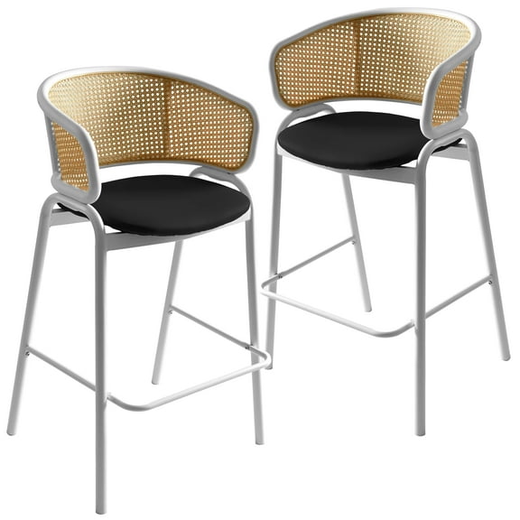 LeisureMod Bar Stool Upholstered in Leather with Powder-Coated Stainless Steel Black Base and Curved Wicker Back Design for Modern Home, Dining Room, Kitchen Ervilla Collection in Black
