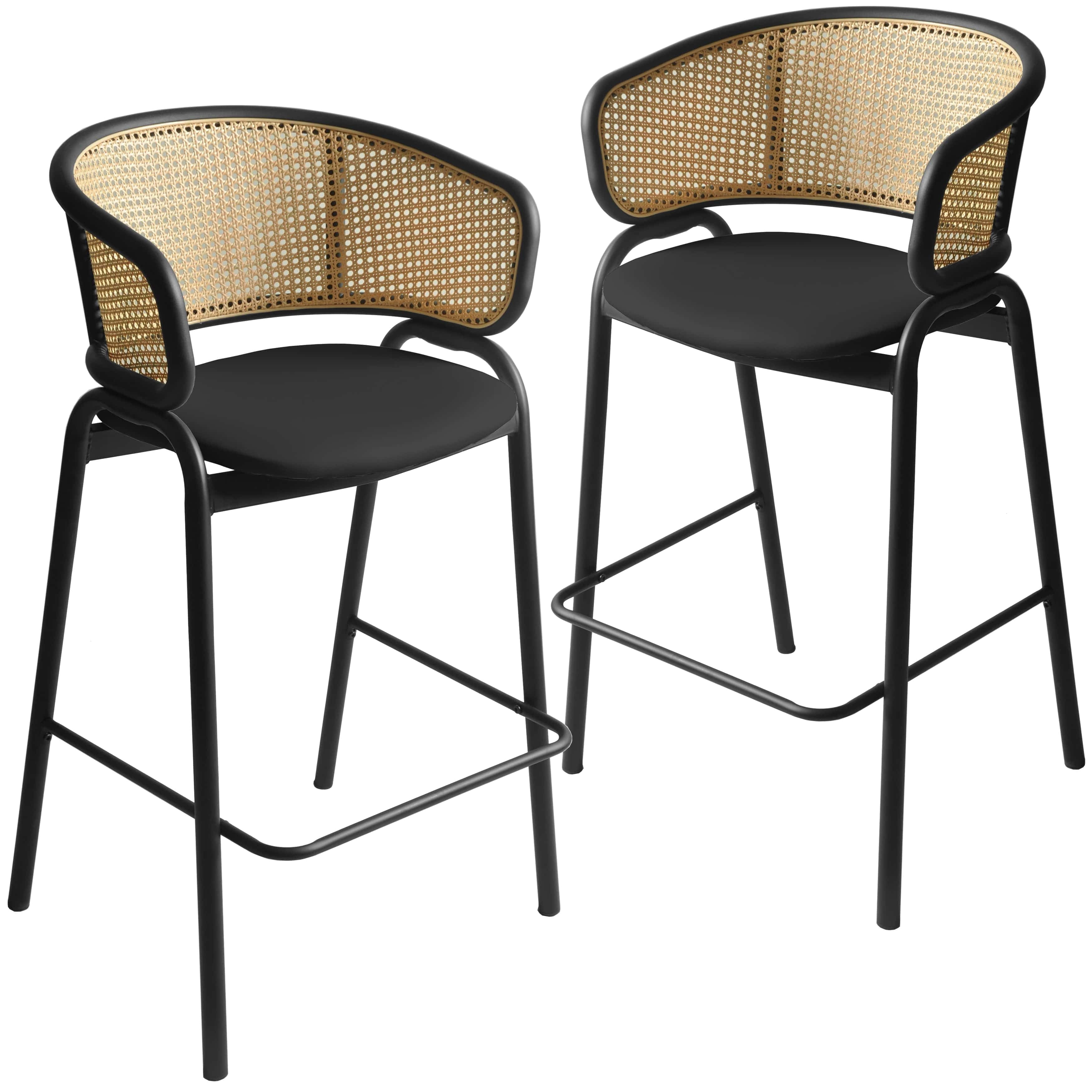 Black Steel and Leather Bar Stools with Wicker Backrest, Set of 2