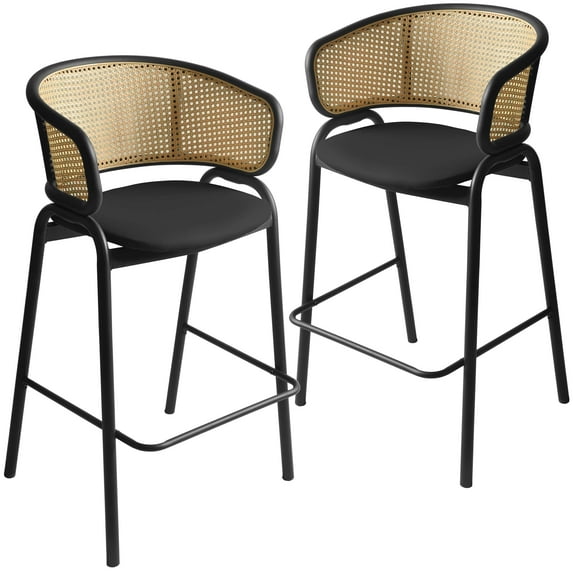 LeisureMod Bar Stool Upholstered in Leather with Powder-Coated Stainless Steel Black Base and Curved Wicker Back Design for Modern Home, Dining Room, Kitchen Ervilla Collection in Black