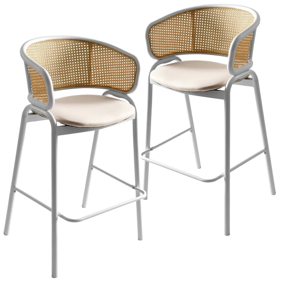 LeisureMod Bar Stool Upholstered in Leather with Powder-Coated Stainless Steel Black Base and Curved Wicker Back Design for Modern Home, Dining Room, Kitchen Ervilla Collection in White