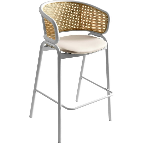 LeisureMod Bar Stool Upholstered in Leather with Powder-Coated Stainless Steel White Base and Curved Wicker Back Design for Modern Home, Dining Room, Kitchen Ervilla Collection in White
