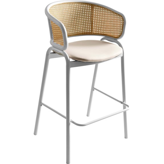 LeisureMod Bar Stool Upholstered in Leather with Powder-Coated Stainless Steel White Base and Curved Wicker Back Design for Modern Home, Dining Room, Kitchen Ervilla Collection in White