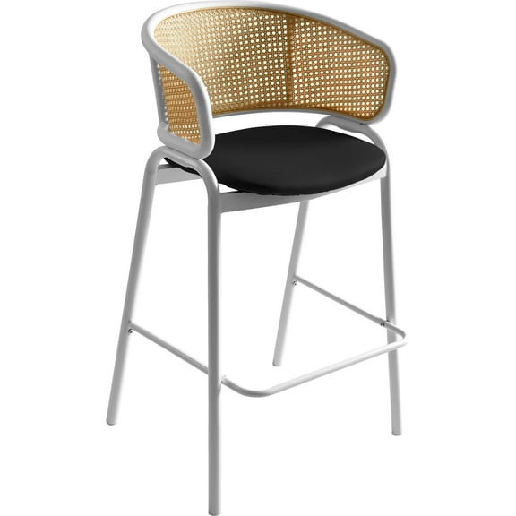 LeisureMod Bar Stool Upholstered in Leather with Powder-Coated Stainless Steel White Base and Curved Wicker Back Design for Modern Home, Dining Room, Kitchen Ervilla Collection in Black