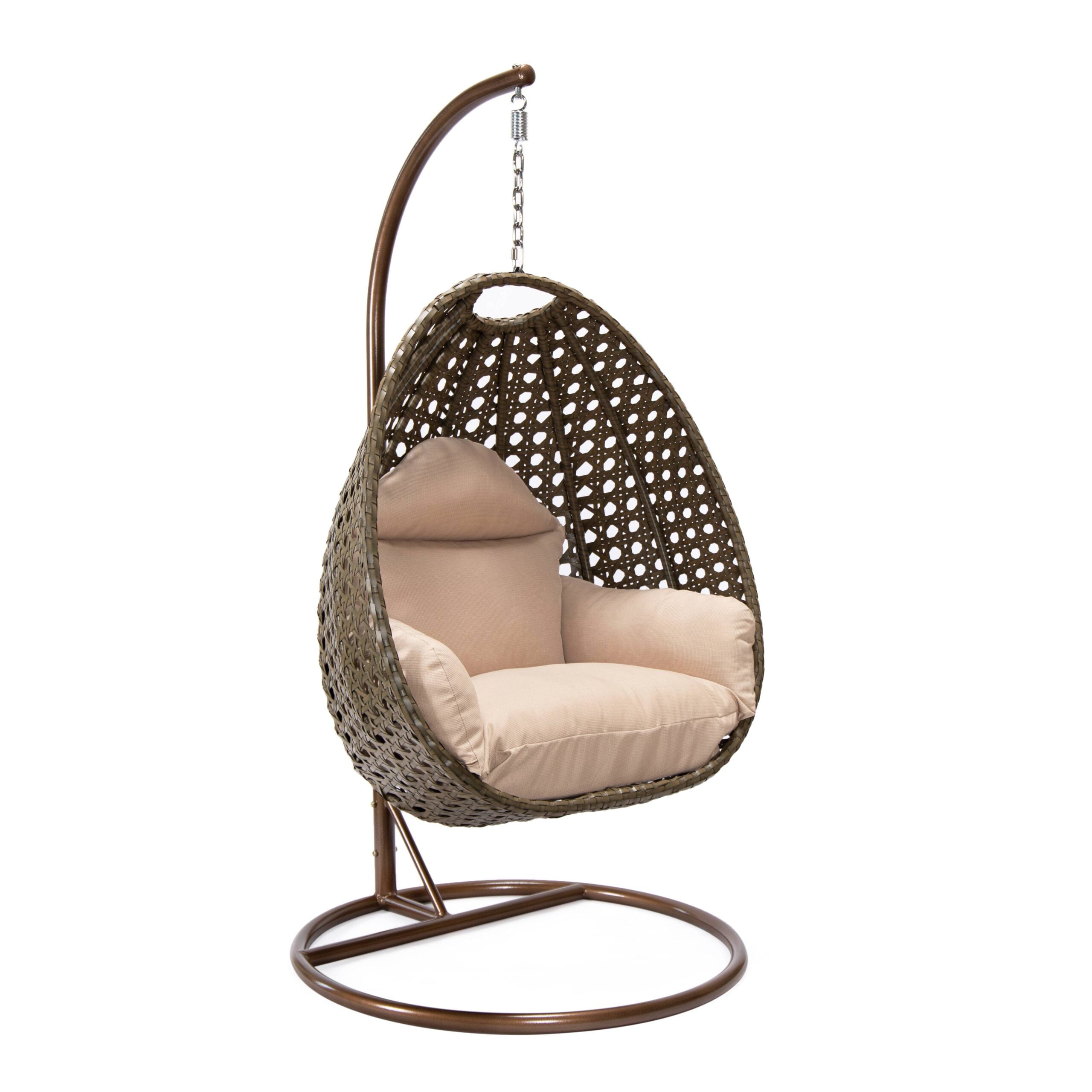 Beige Wicker Rattan Hanging Egg Chair with Cushions and Iron Stand