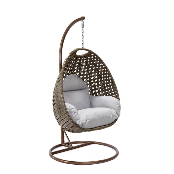 LeisureMod Beige Wicker Rattan Hanging Egg Swing Chair with Stand & Cushion, Perfect for Indoor and Outdoor Relaxation