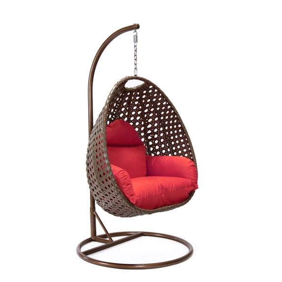 LeisureMod Beige Wicker Hanging Egg Chair with Stand and Cushion, Indoor Outdoor Swing for Patio, Bedroom, Garden (Red)