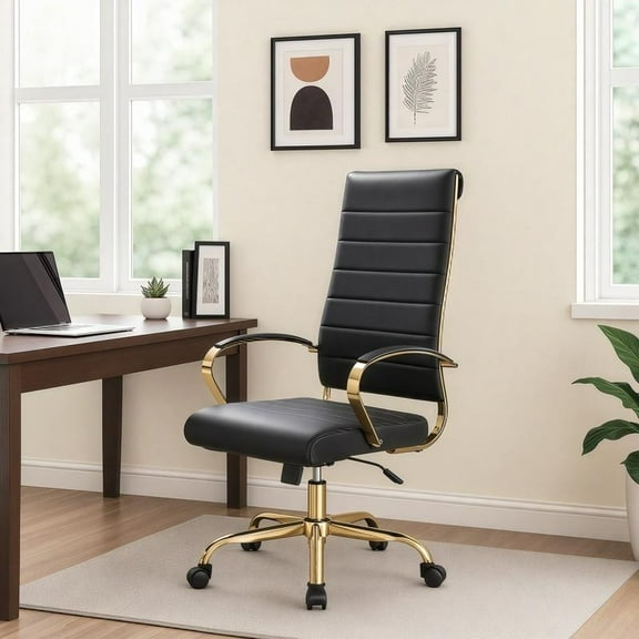 Benmar High-Back Black Leather Office Desk Chair Ergonomic Executive Chair with Adjustable Swivel, Gold Frame with Cushion Support & Silent Wheels for Home Office Workstations