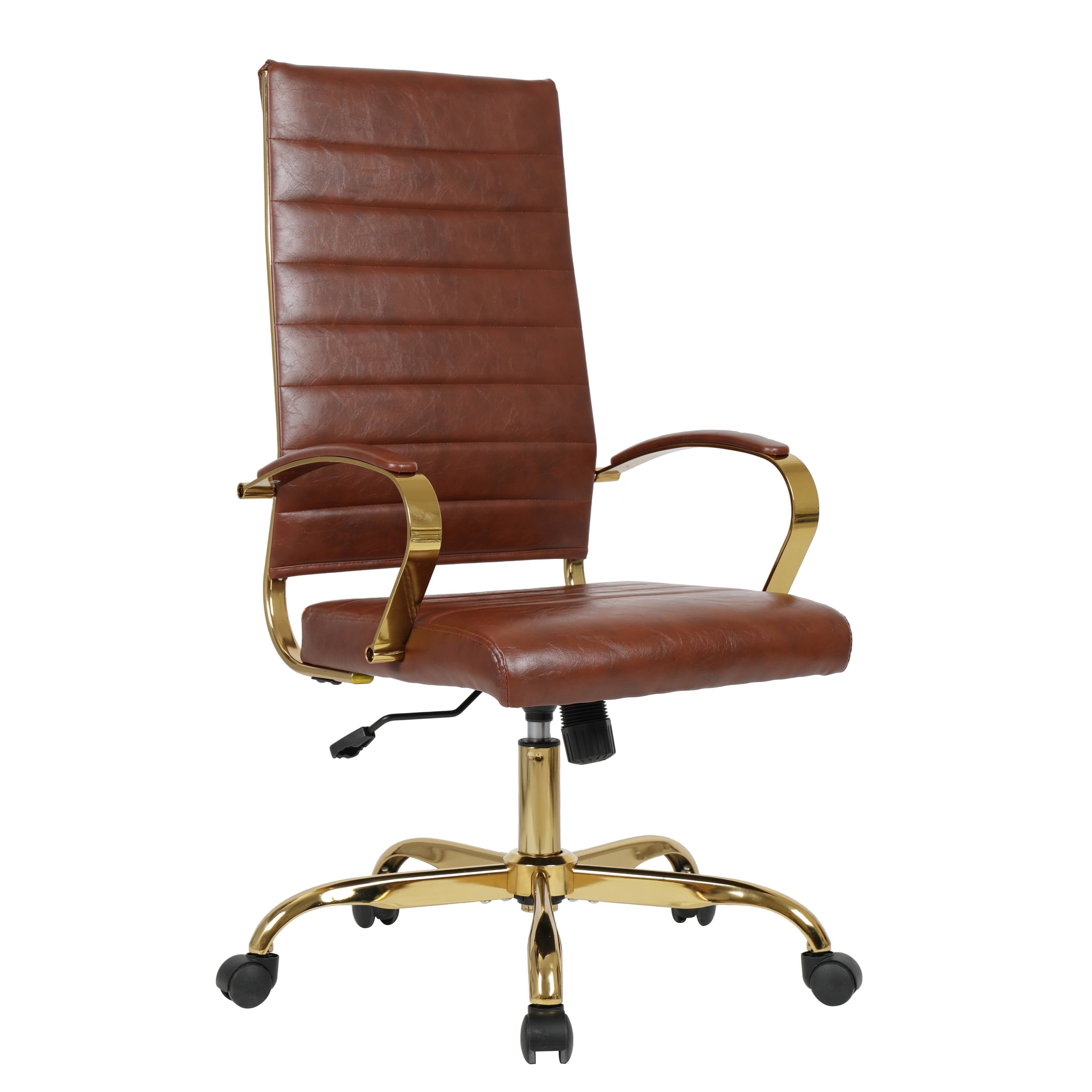 Benmar High-Back Brown Leather Swivel Office Chair with Gold Frame