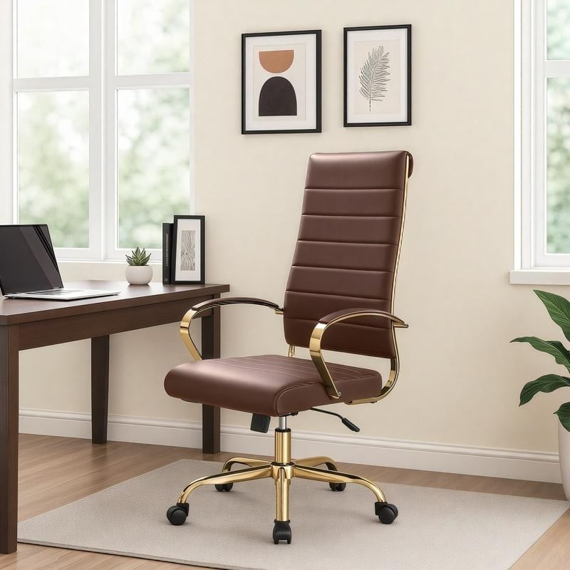 Benmar High-Back Dark Brown Leather Office Desk Chair Ergonomic Executive Chair with Adjustable Swivel, Gold Frame with Cushion Support & Silent Wheels for Home Office Workstations