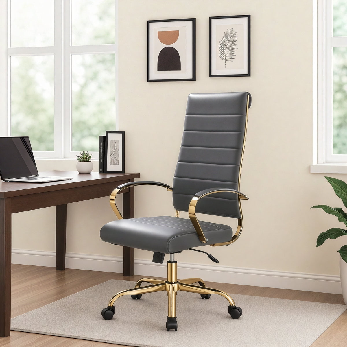 Benmar High-Back Gray Leather Office Desk Chair Ergonomic Executive Chair with Adjustable Swivel, Gold Frame with Cushion Support & Silent Wheels for Home Office Workstations