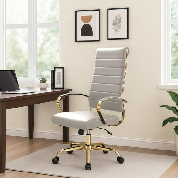 Benmar High-Back Tan Leather Office Desk Chair Ergonomic Executive Chair with Adjustable Swivel, Gold Frame with Cushion Support & Silent Wheels for Home Office Workstations