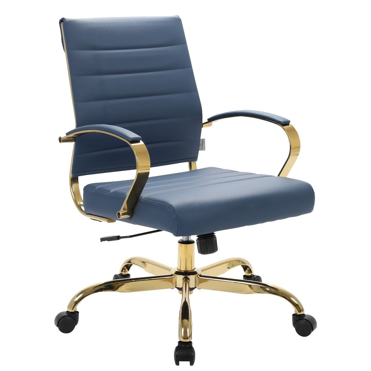 Navy Blue Mid-Century Modern Swivel Leather Office Chair with Gold Metal Frame