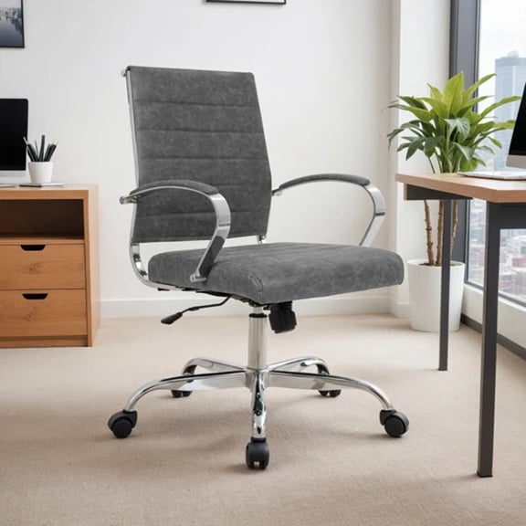 Benmar Mid-Back Office Chair in Charcoal Leather Upholstery with Swivel, Tilt, and Chrome Base, Modern Desk Seating for Home Office or Conference Room