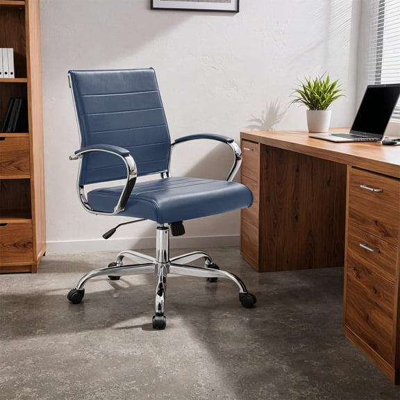 Benmar Mid-Back Office Chair in Blue Leather Upholstery with Swivel, Tilt, and Chrome Base, Modern Desk Seating for Home Office or Conference Room