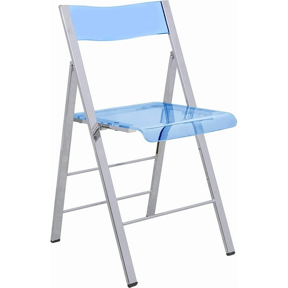 LeisureMod Blue Folding Chair | Transparent Acrylic Desk Chair with Chrome Iron Base, Comfortable Seat & Backrest | Multiuse Modern Guest Chair, No Assembly Needed, Silver Hardware