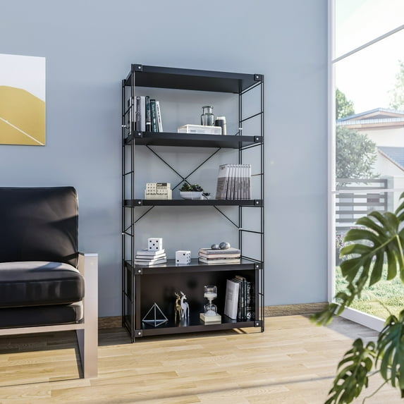 LeisureMod Brentwood Mid-Century Modern Etagere 4 Shelves Bookcase with Black Powder Coated Steel Frame and Melamine Board Shelves Industrial Bookshelf for Living Room and Bedroom (Black)