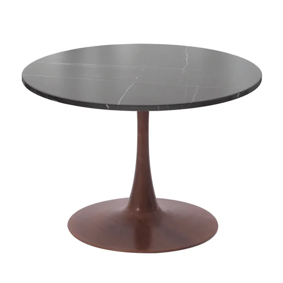 LeisureMod Bristol 24" Round Dining Table with Marbled Black Sintered Stone Top and Steel Pedestal Base for Modern Kitchen and Dining Room