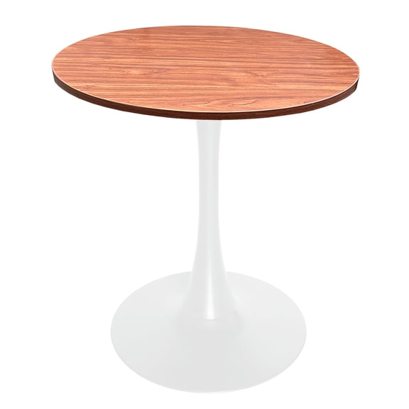 LeisureMod Bristol 27" Round Dining Table with MDF Wood Top and White Steel Pedestal Base for Kitchen and Living Room in Cognac Brown