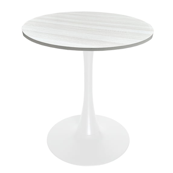 LeisureMod Bristol 27" Round Dining Table with MDF Wood Top and White Steel Pedestal Base for Kitchen and Living Room in Light Natural