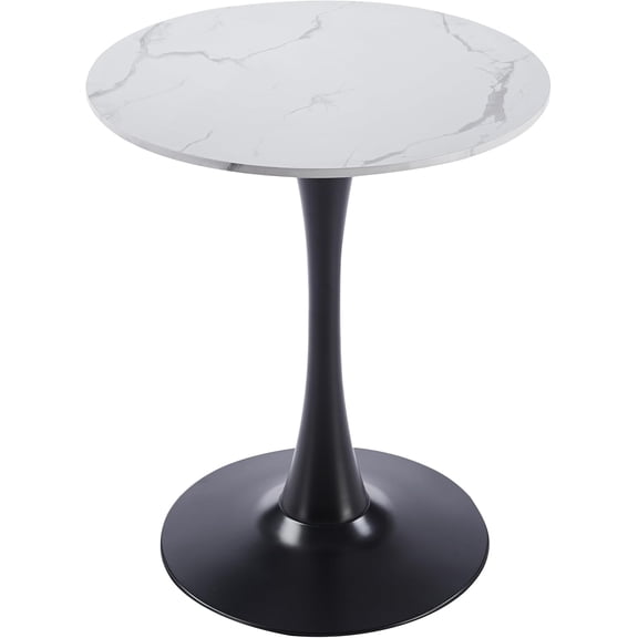 LeisureMod Bristol 27" Wide Round Dining Table Bivel Design MDF Wood Top and Black Stainless Steel Pedestal Base Accent Table Mid-Century Café Table, Kitchen Dining Room Furniture (White Marble)