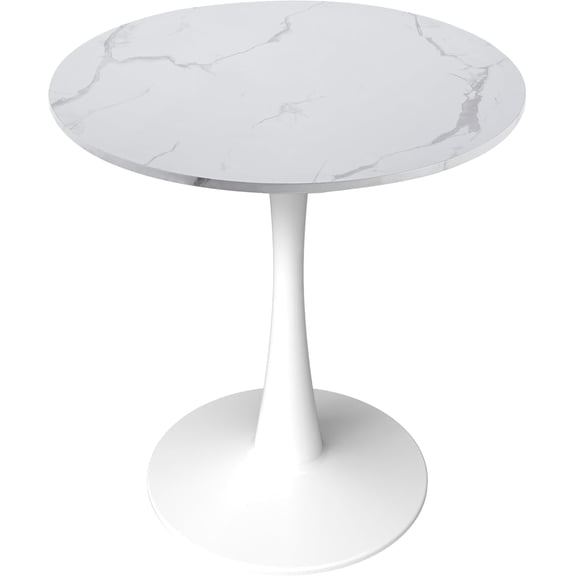 LeisureMod Bristol 27" Wide Round Dining Table Bivel Design MDF Wood Top and White Stainless Steel Pedestal Base Accent Table Mid-Century Caf Table, Kitchen Dining Room Furniture (White Marble)