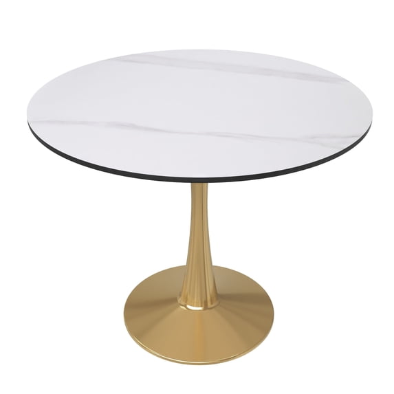 LeisureMod Round Dining Table Modern 31" Sintered Stone Tabletop with Gold Steel Pedestal Base for Kitchen and Living Room Bristol Series in Natural Wood