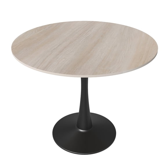 LeisureMod Round Dining Table Modern 35" Sintered Stone Tabletop with Steel Pedestal Base for Kitchen and Living Room Bristol Series in Natural Wood