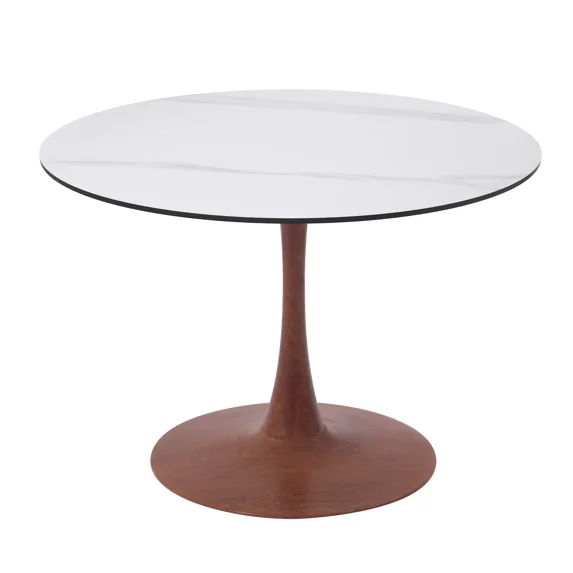 LeisureMod Bristol 35" Round Dining Table with Sintered Stone Top and Cherry Steel Pedestal Base for Modern Kitchen and Dining Room