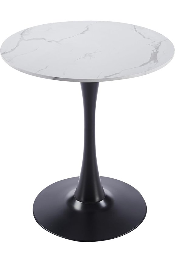 Bristol 35" Wide Round Dining Table Bivel Design MDF Wood Top and Black Stainless Steel Pedestal Base Accent Table Mid-Century Caf Table, Kitchen Dining Room Furniture (White Marble)