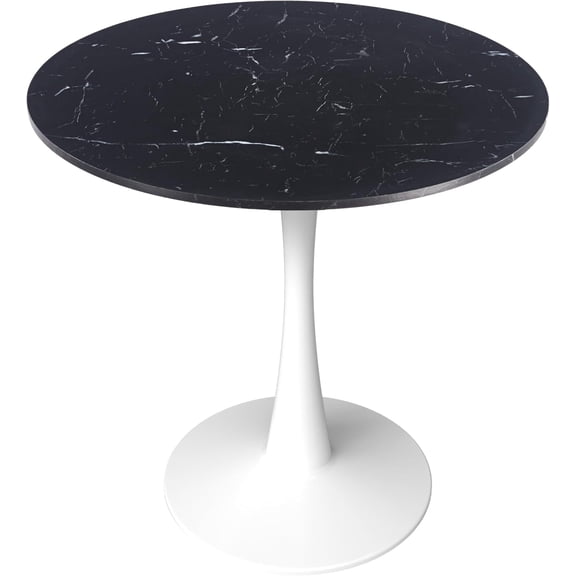 LeisureMod Bristol 35" Wide Round Dining Table Bivel Design MDF Wood Top and White Stainless Steel Pedestal Base Accent Table Mid-Century Caf Table, Kitchen Dining Room Furniture (Black Marble)