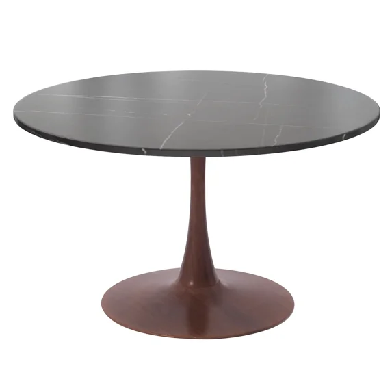 LeisureMod Bristol 40" Round Dining Table with Sintered Stone Top and Walnut Steel Pedestal Base for Modern Kitchen and Dining Room