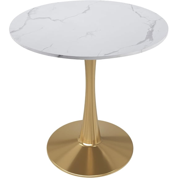 LeisureMod Bristol Bistro Table 35 Inch Round Marble Look Top, Modern Pedestal Table for Kitchen, Small Dining Area, Café & Apartment, Sturdy Metal Base, Marbled White
